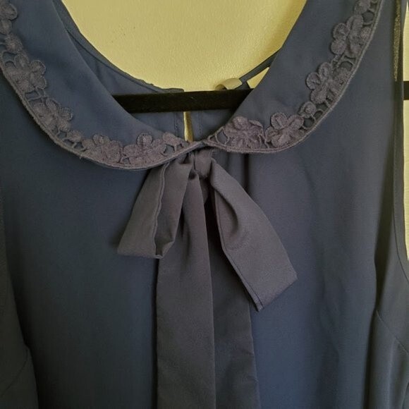 LC Lauren Conrad Sheer Navy Lace Bow Blouse - Picture 2 of 4